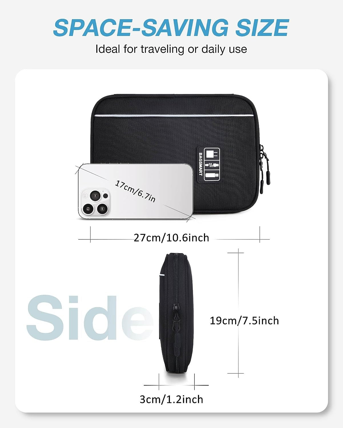 Large Electronics Travel Organizer Case, Tech Accessories Cord Storage Bag for Phone, Power Bank, SD Card, Cables, Black