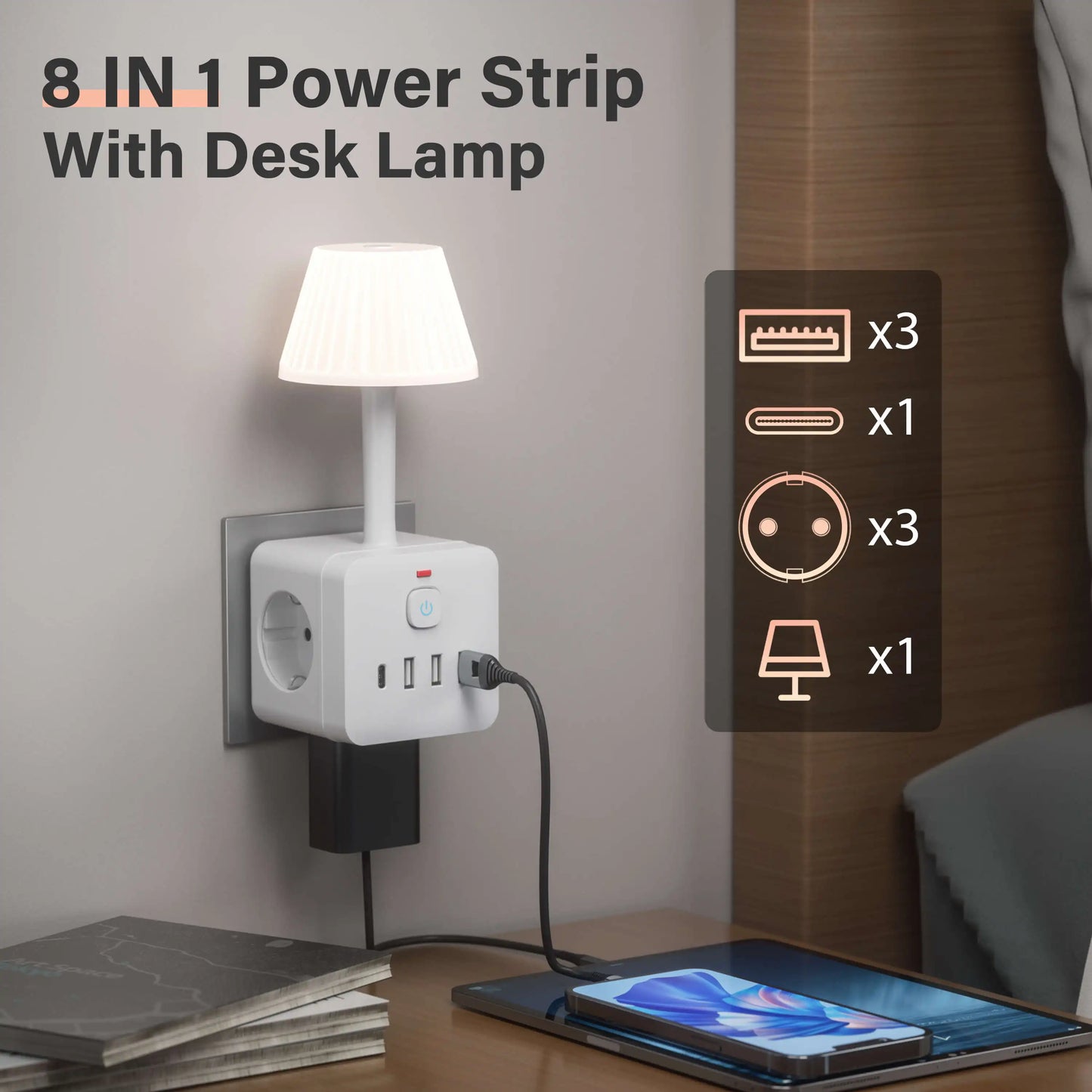 7-In-1 Euro Power Outlet with Light, Surge Protector for Power Outlet, 3 AC Power Outlets, 3 USB 1 Type-C, Desktop Charging Stat