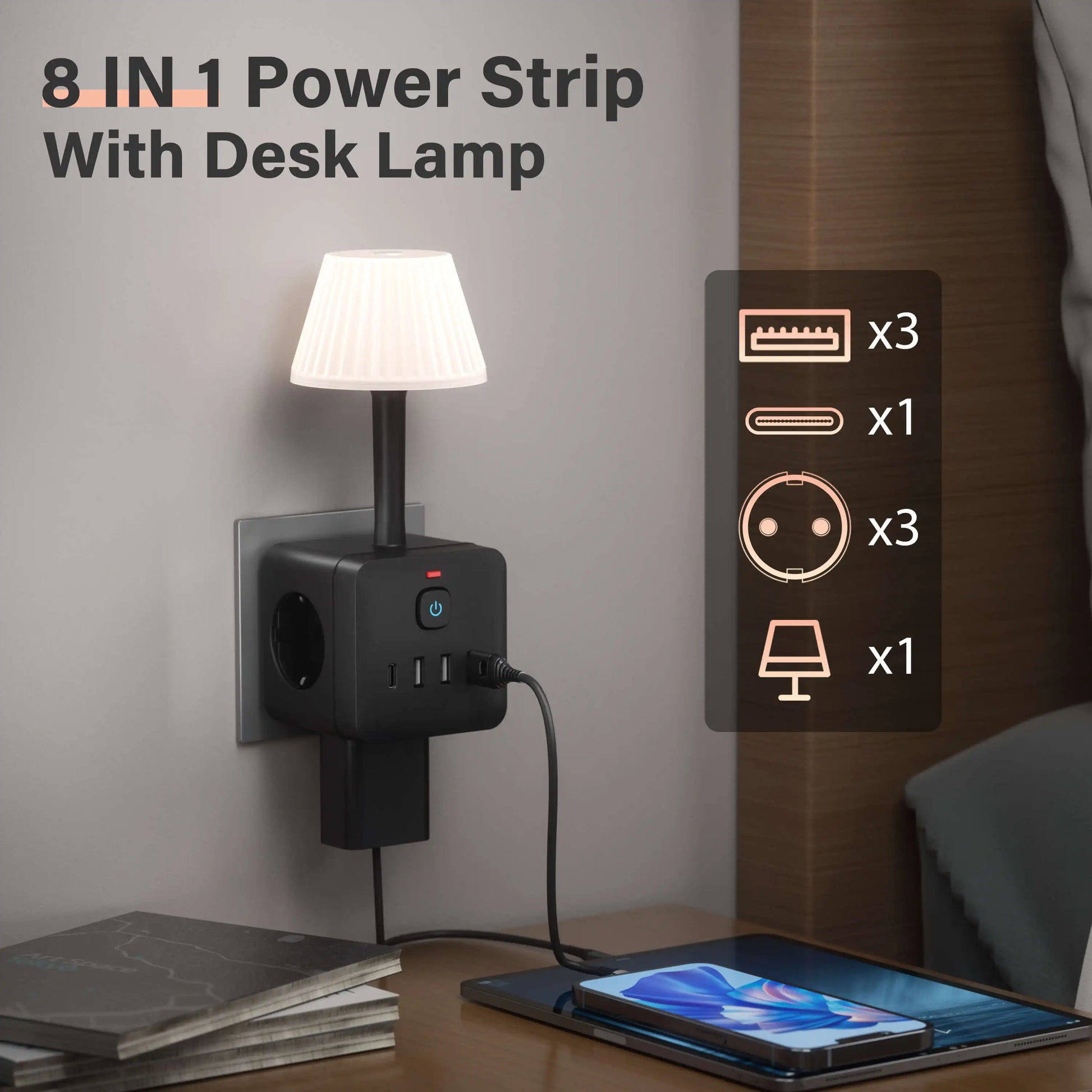7-In-1 Euro Power Outlet with Light, Surge Protector for Power Outlet, 3 AC Power Outlets, 3 USB 1 Type-C, Desktop Charging Stat