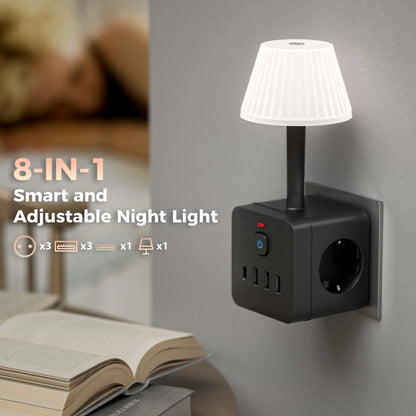 7-In-1 Euro Power Outlet with Light, Surge Protector for Power Outlet, 3 AC Power Outlets, 3 USB 1 Type-C, Desktop Charging Stat