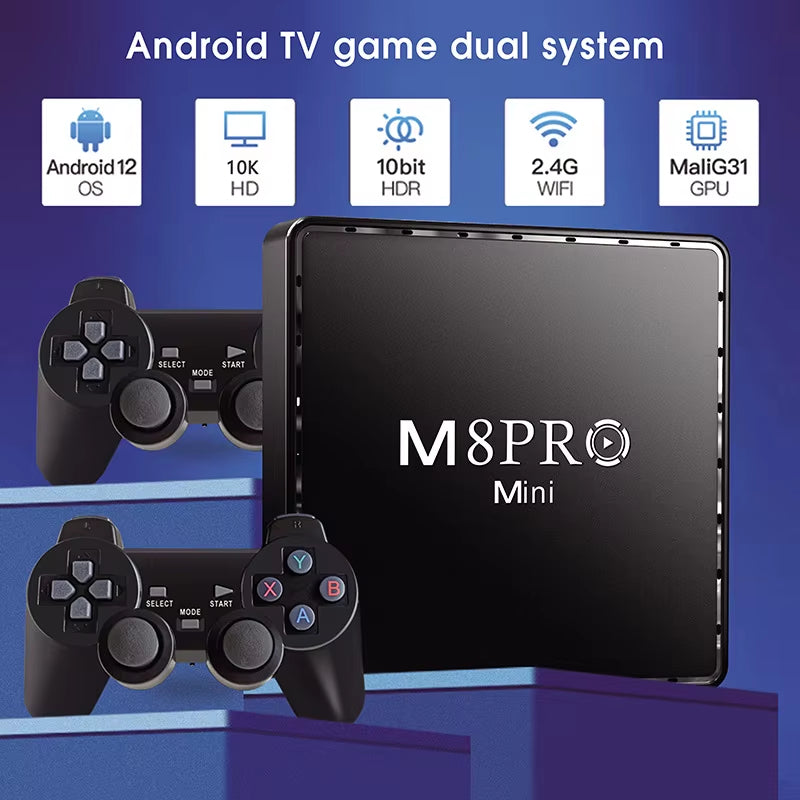 Video Game Console M8Pro Mini 4K 64G 10000 Retro Video Game Console 2.4G Wilress Android 12 TV Box Wifi Malig31 CPU Dual System