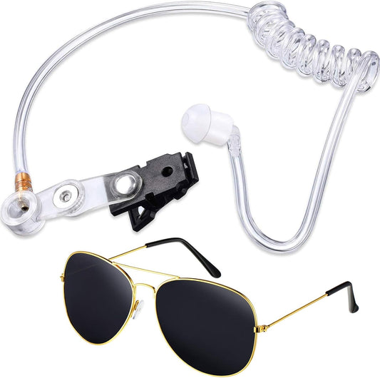 2 Pieces Playing Cosplay Includes Earpiece Earplugs Acoustic Tube Headset and Sunglasses (Gold Glasses Frame)