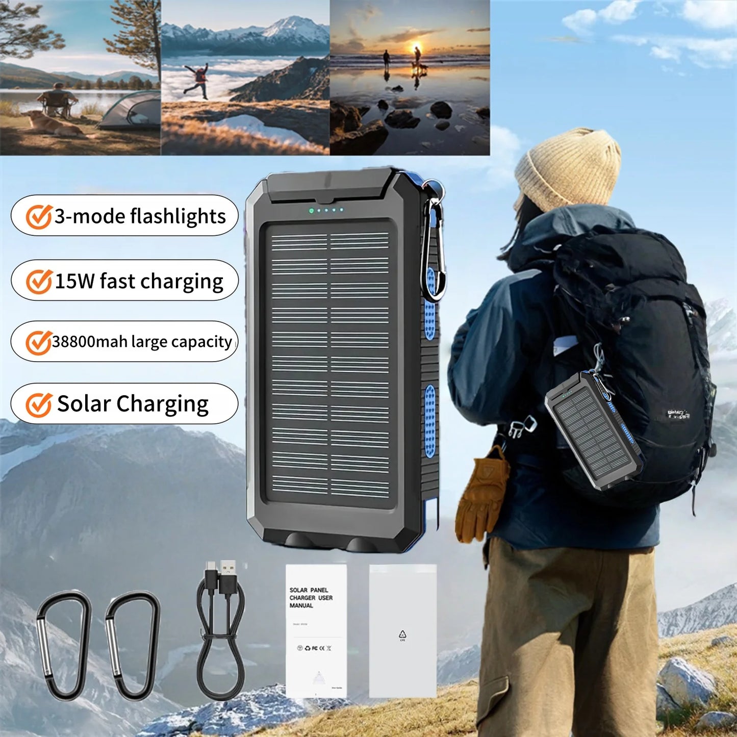 Waterproof Outdoor Solar Power Bank 38800Mah Dual USB Travel Outdoor Solar Mobile Phone Charger Solar Powerbanks for Camping