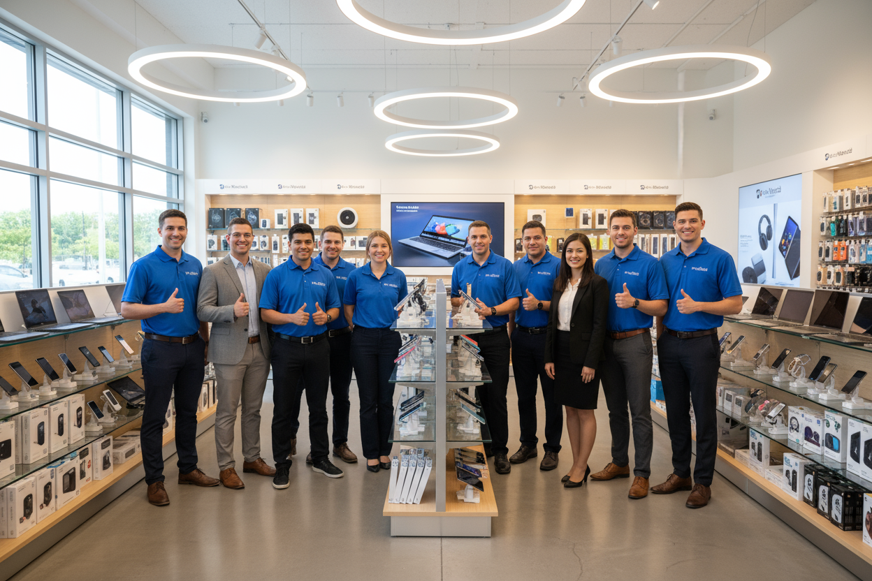 smiling employees of an electronics store